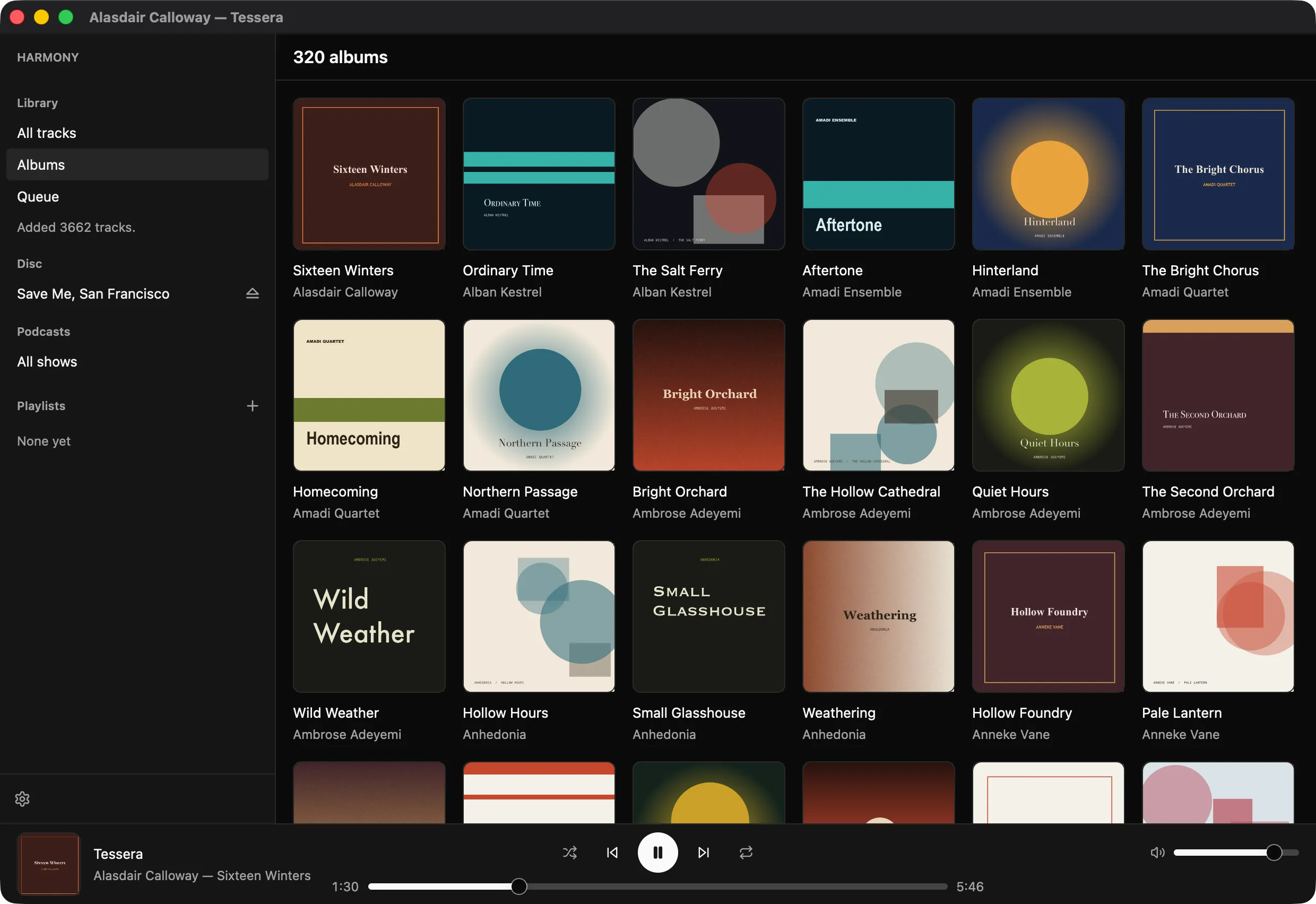 Harmony's Albums view: a sidebar listing Library, Disc, Podcasts and Playlists, and beside it a scrolling grid of 320 album covers, each with its title and artist beneath. A player bar runs across the bottom.