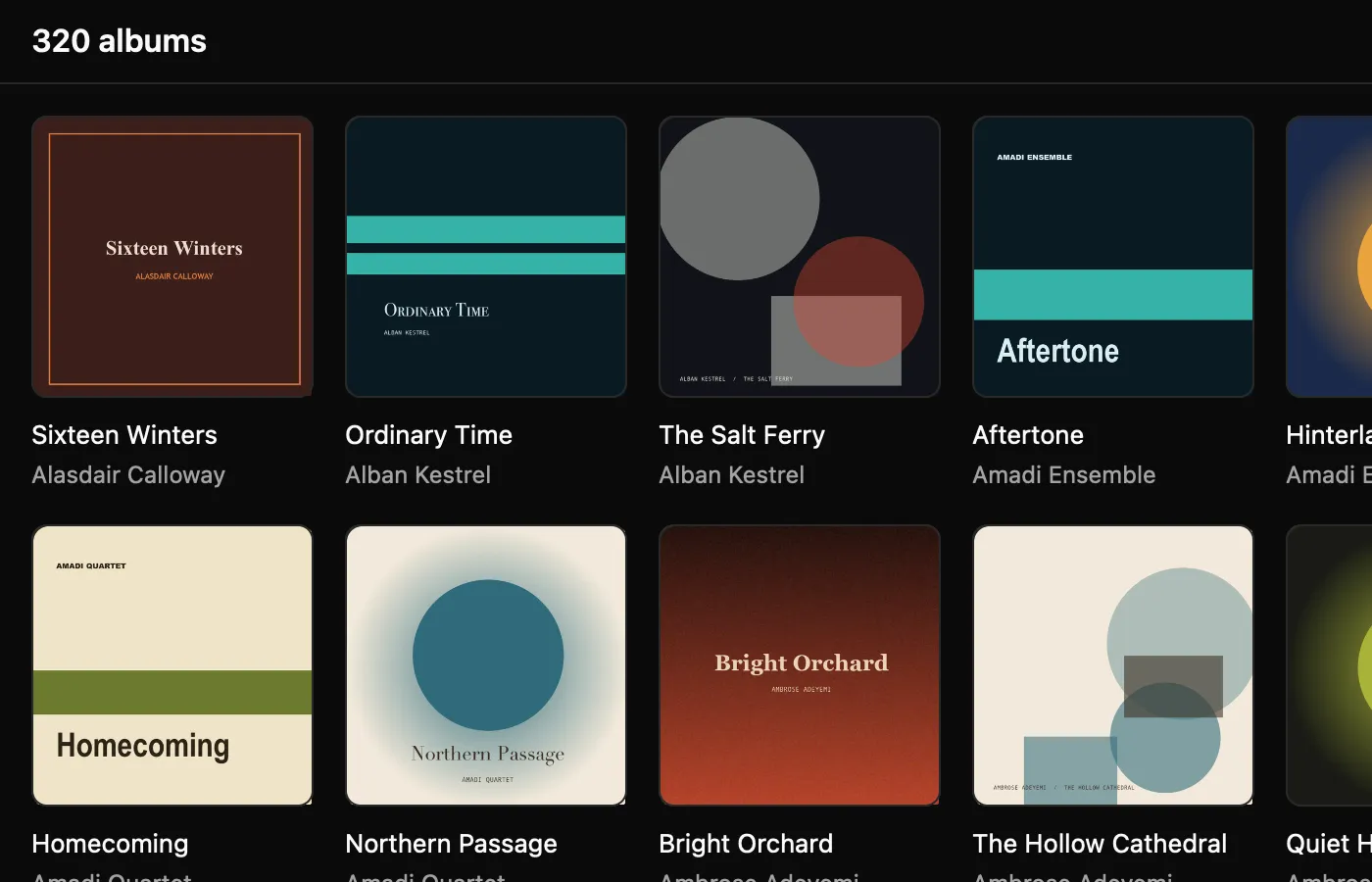 The Albums view, close up: a header reading “320 albums” above a grid of cover art, each cover captioned with its album title and the artist beneath.