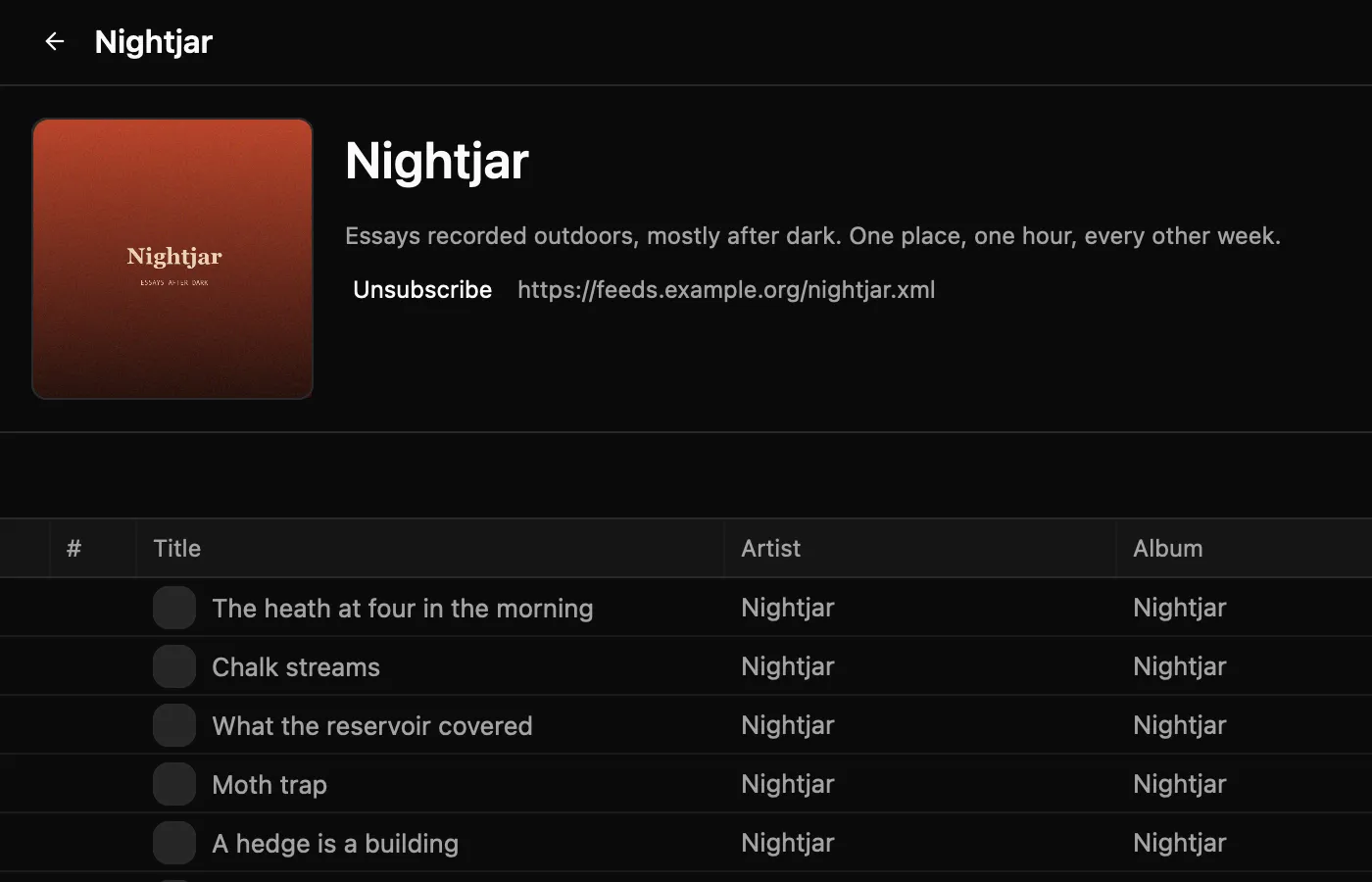 The Podcasts view, showing a subscribed show with its artwork and a list of episodes, each with a date, a duration and a download control.