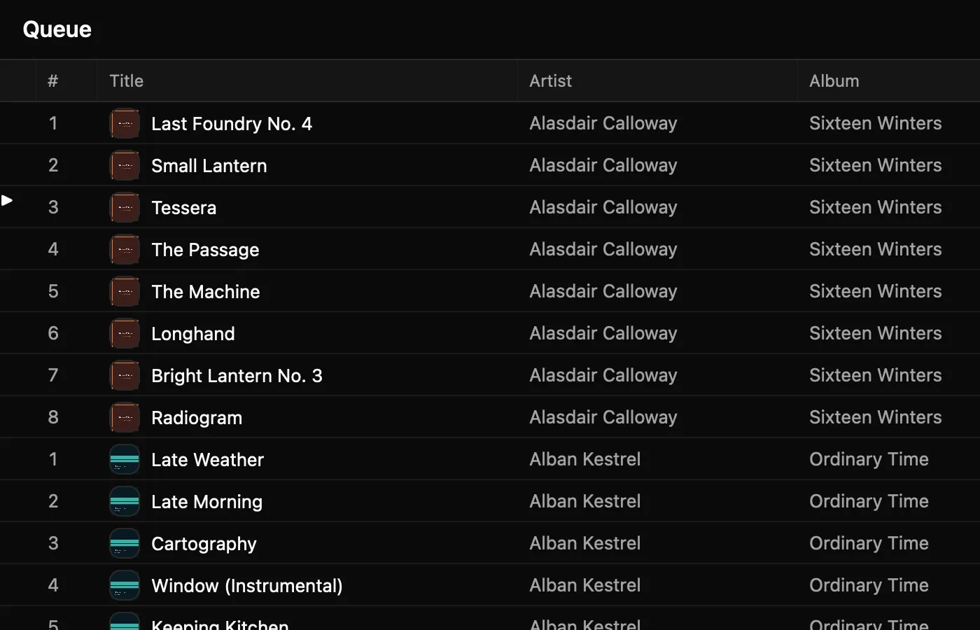 The Queue view: a list of tracks with the one playing marked in the gutter and the rest lined up beneath it. The player bar below shows the cover, the title and artist, the transport, and a scrubber part-way through the track.
